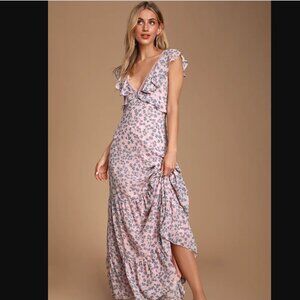 Lulus Darling Daydream Blue and Pink Floral Print Ruffled Maxi Dress